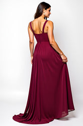 Burgundy Langes A-Linie Gerafftes Chiffon Hochzeitsgastkleid